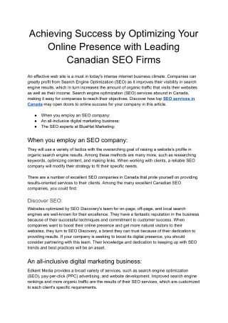 Achieving Success by Optimizing Your Online Presence with Leading Canadian SEO Firms - Google Docs