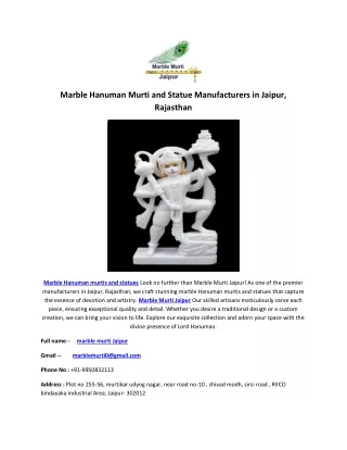 Marble Hanuman Murti and Statue Manufacturers in Jaipur, Rajasthan