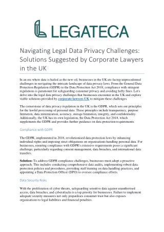 Navigating Legal Data Privacy Challenges Solutions Suggested by Corporate Lawyers in the UK