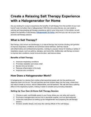 Create a Relaxing Salt Therapy Experience with a Halogenerator for Home