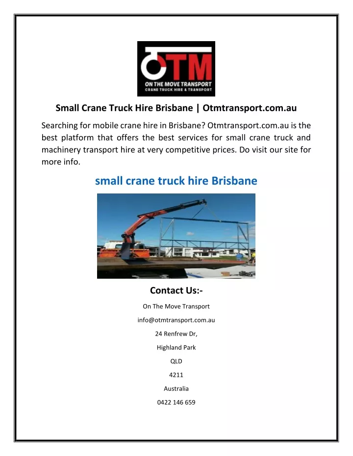 small crane truck hire brisbane otmtransport