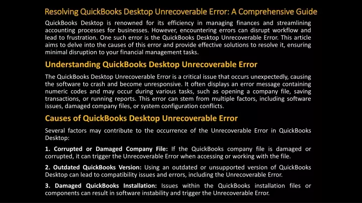 resolving quickbooks desktop unrecoverable error a comprehensive guide