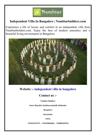 Independent Villa In Bangalore  Nambiarbuilders.com