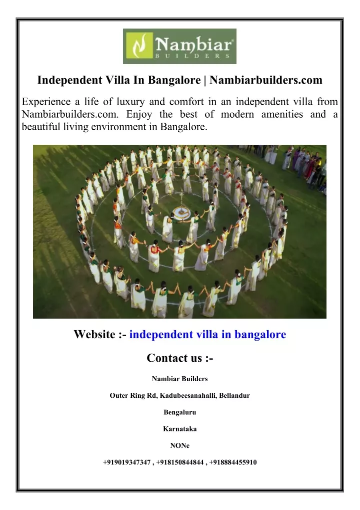 independent villa in bangalore nambiarbuilders com