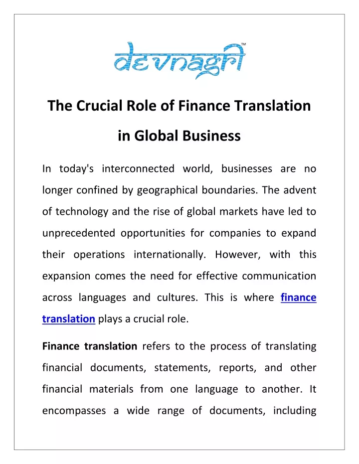 the crucial role of finance translation