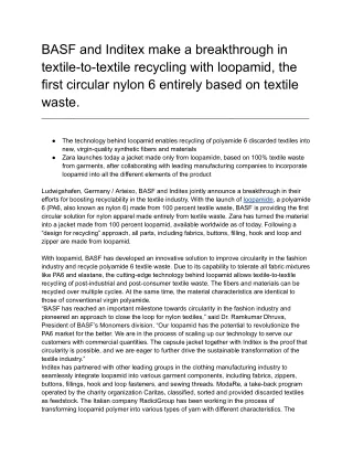 BASF & Inditex make a breakthrough in textile-to-textile recycling with loopamid