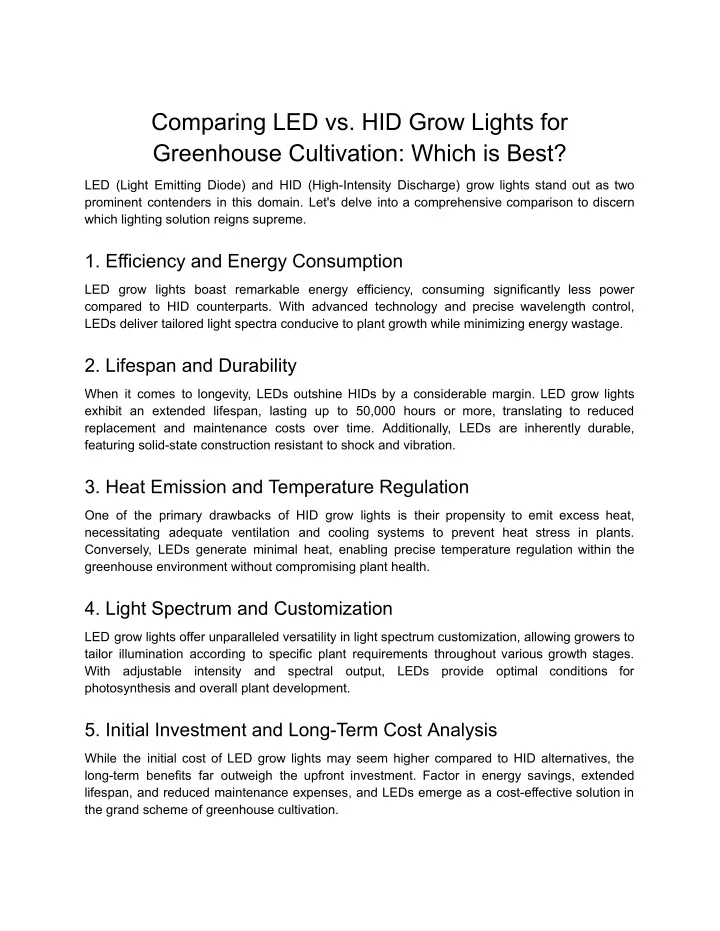 comparing led vs hid grow lights for greenhouse