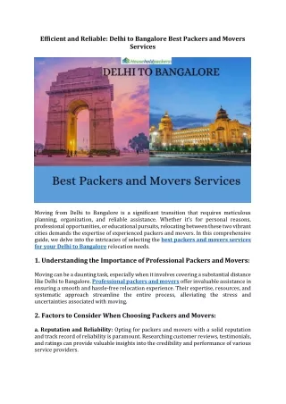 Delhi to Bangalore Best Packers and Movers Services