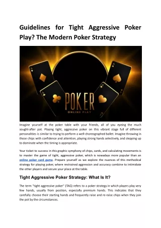 Guidelines for Tight Aggressive Poker Play
