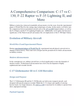 A Comprehensive Comparison C-17 vs C-130, F-22 Raptor vs F-35 Lightning II, and More