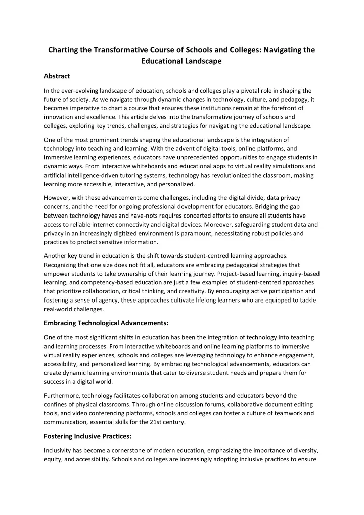 charting the transformative course of schools