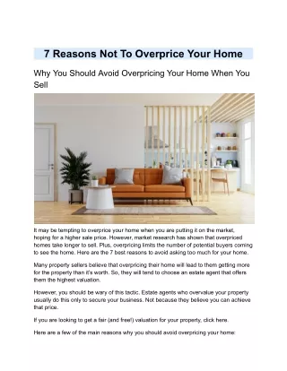 7 Reasons Not To Overprice Your Home