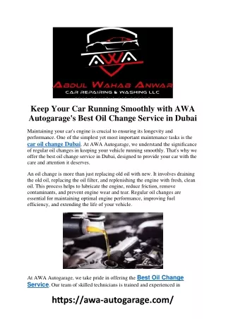 Keep Your Car Running Smoothly with AWA Autogarage's Best Oil Change Service in