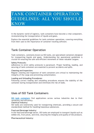 TANK CONTAINER OPERATION GUIDELINES