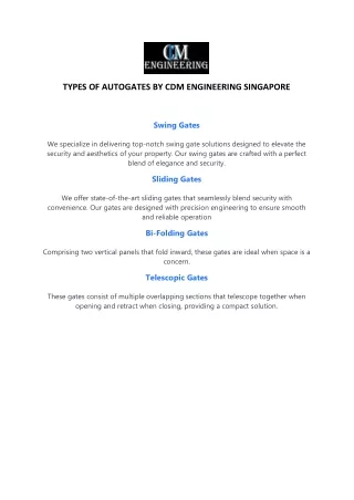 TYPES OF AUTOGATES BY CDM ENGINEERING SINGAPORE