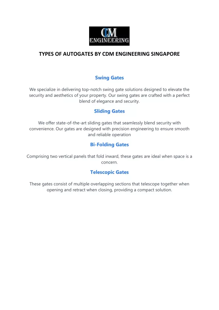 types of autogates by cdm engineering singapore