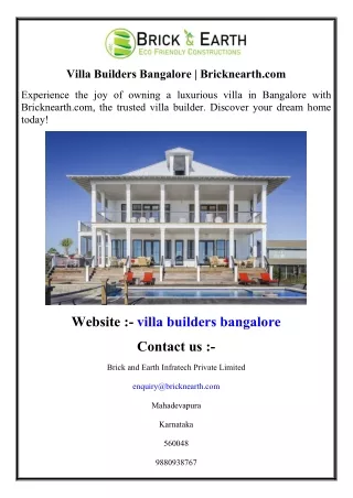 Villa Builders Bangalore  Bricknearth.com