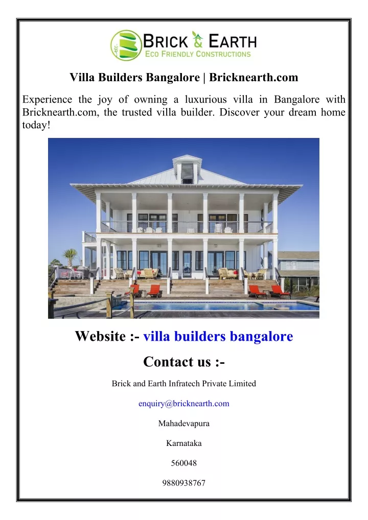 villa builders bangalore bricknearth com