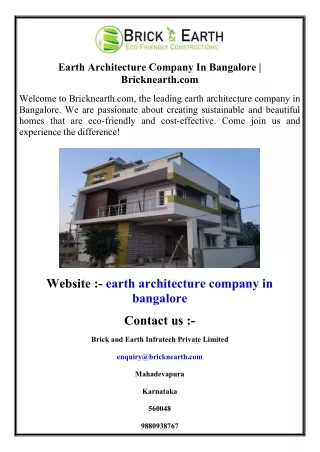 Earth Architecture Company In Bangalore  Bricknearth.com