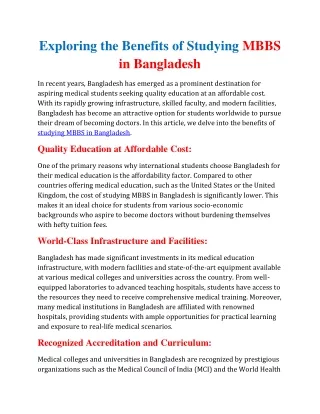 Exploring the Benefits of Studying MBBS in Bangladesh