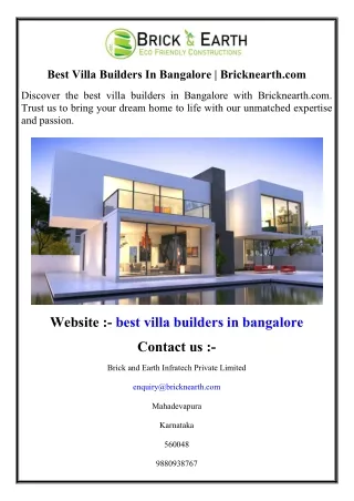 Best Villa Builders In Bangalore  Bricknearth.com