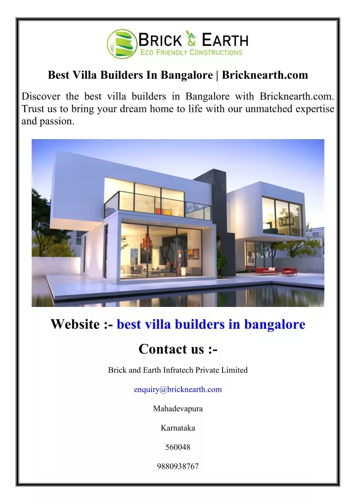 best villa builders in bangalore bricknearth com
