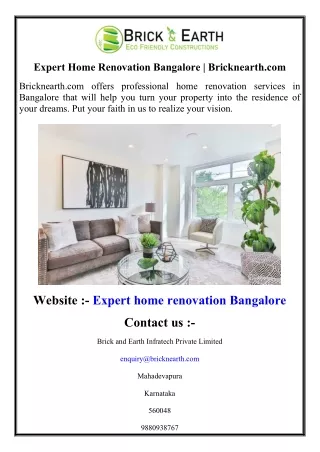 Expert Home Renovation Bangalore  Bricknearth.com