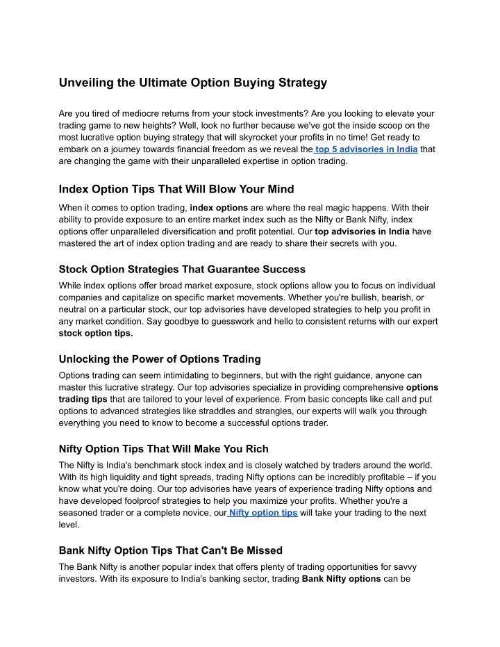 unveiling the ultimate option buying strategy