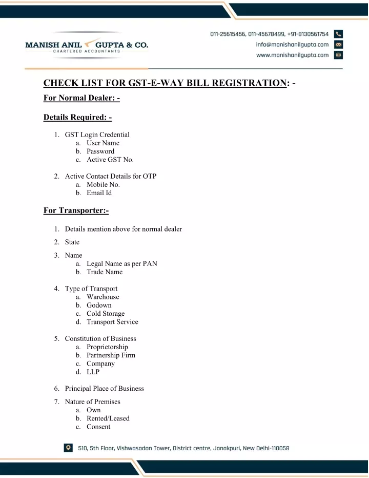check list for gst e way bill registration