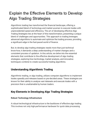 Explain the Effective Elements to Develop Algo Trading Strategies