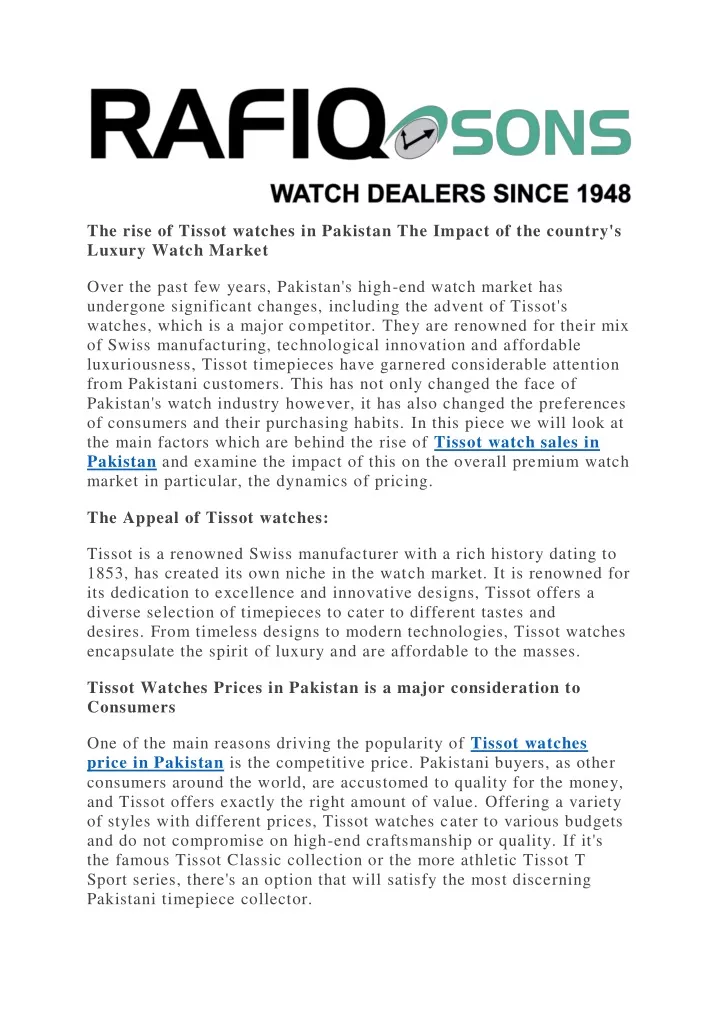 the rise of tissot watches in pakistan the impact