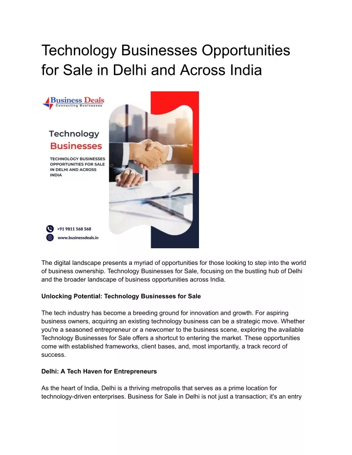 technology businesses opportunities for sale