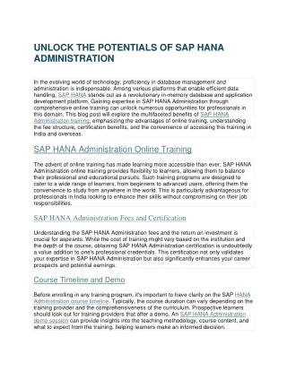 SAP hana admin online training in Bangalore