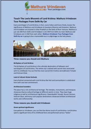 Leela Bhoomis of Lord Krishna: Mathura Vrindavan Tour Packages From Delhi By Car