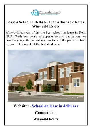 Lease a School in Delhi NCR at Affordable Rates  Winworld Realty