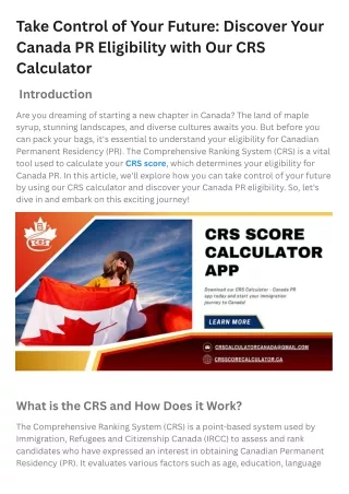 Take Control of Your Future Discover Your Canada PR Eligibility with Our CRS Calculator
