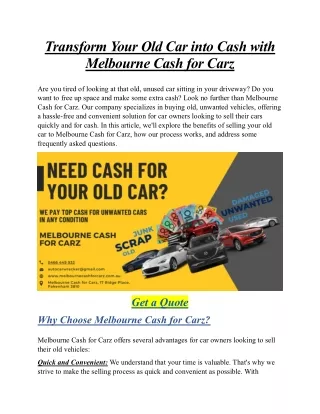 Sell Your Old Car to Melbourne Cash For Carz