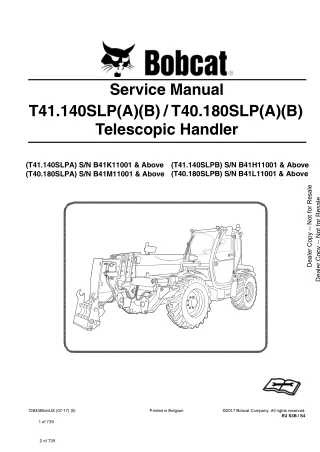 Bobcat T40.180SLPA Telescopic Handler Service Repair Manual SN B41M11001 and Above