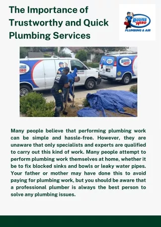 The Importance of Trustworthy and Quick Plumbing Services