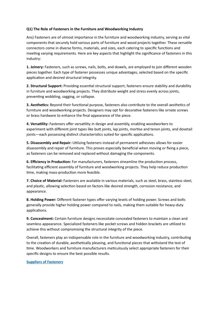 q1 the role of fasteners in the furniture