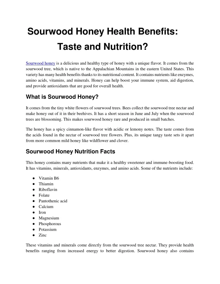 sourwood honey health benefits taste and nutrition