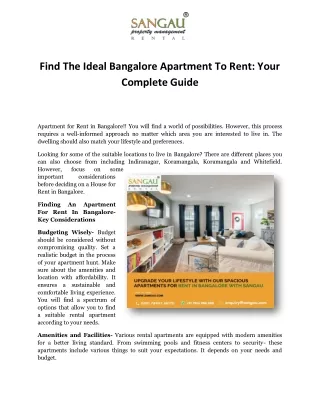 Find The Ideal Bangalore Apartment To Rent Your Complete Guide