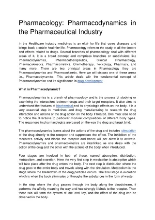 Pharmacology Pharmacodynamics in the Pharmaceutical Industry