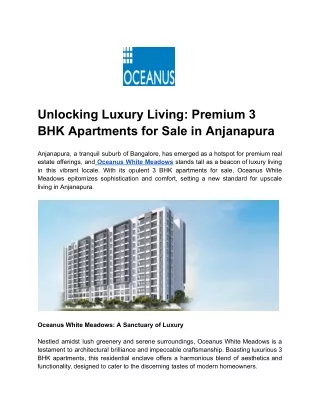 Luxury Living at Oceanus White Meadows_ Premium 3 BHK Apartments in Anjanapura