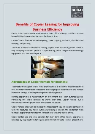 Benefits of Copier Leasing for Improving Business Efficiency