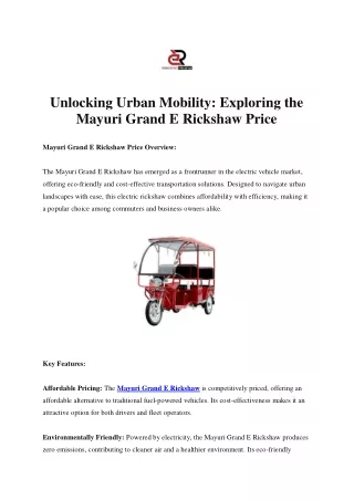 Unlocking Urban Mobility- Exploring the Mayuri Grand E Rickshaw Price