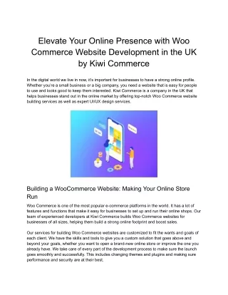 Elevate Your Online Presence with Woo Commerce Website Development in the UK by Kiwi Commerce