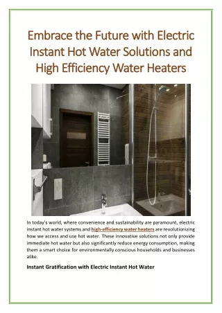 Embrace the Future with Electric Instant Hot Water Solutions and High Efficiency