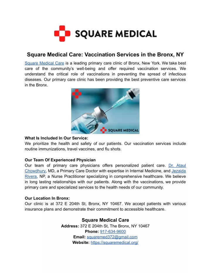square medical care vaccination services