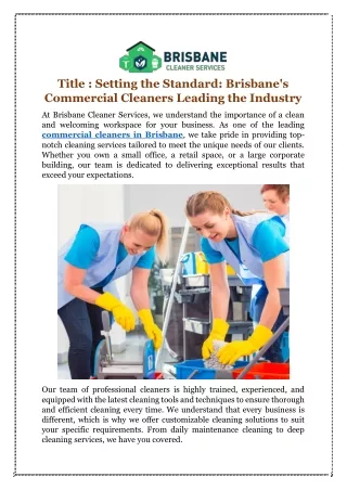 Setting the Standard: Brisbane's Commercial Cleaners Leading the Industry